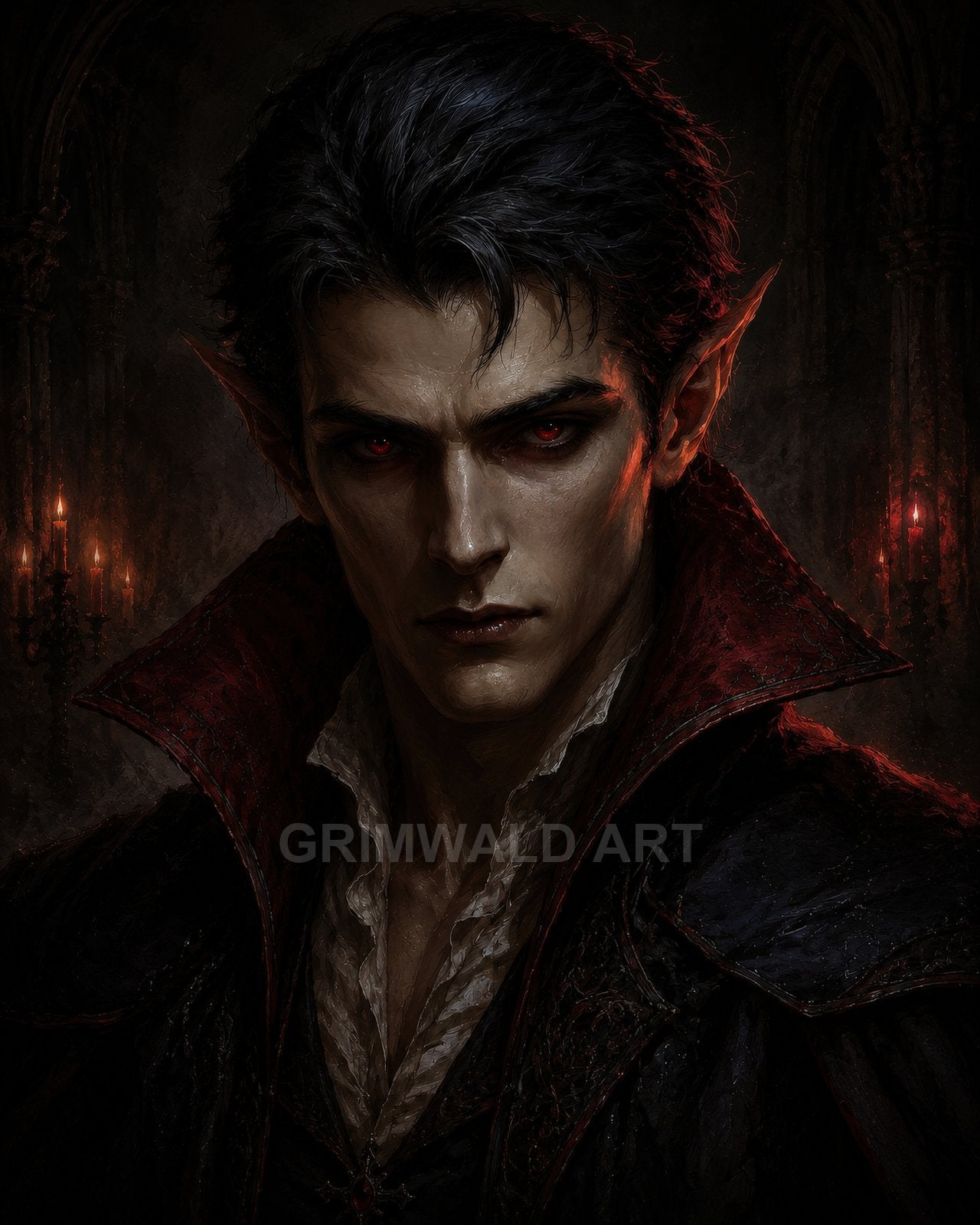 Portrait of a pale, sharp-featured vampire with red eyes and a high collar, in a dim gothic hall lit by red candles.
