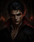 GRID THUMBNAIL — Portrait of a pale, sharp-featured vampire with red eyes and a high collar, in a dim gothic hall lit by red candles.