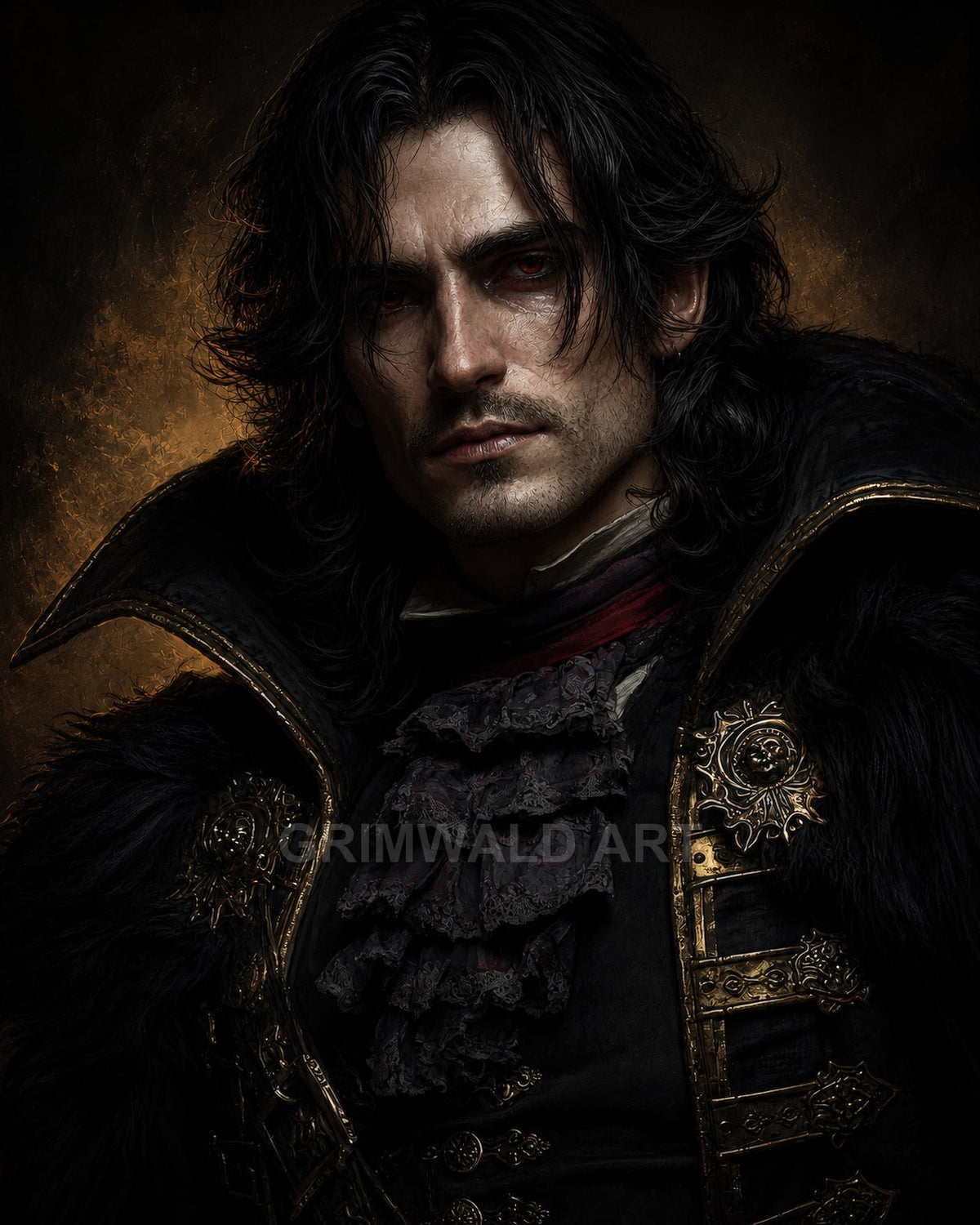 Dark baroque portrait of a pale red-eyed vampire in ornate black-and-gold attire with fur and ruffled cravat, illuminated by warm firelight.