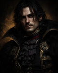 GRID THUMBNAIL — Dark baroque portrait of a pale red-eyed vampire in ornate black-and-gold attire with fur and ruffled cravat, illuminated by warm firelight.