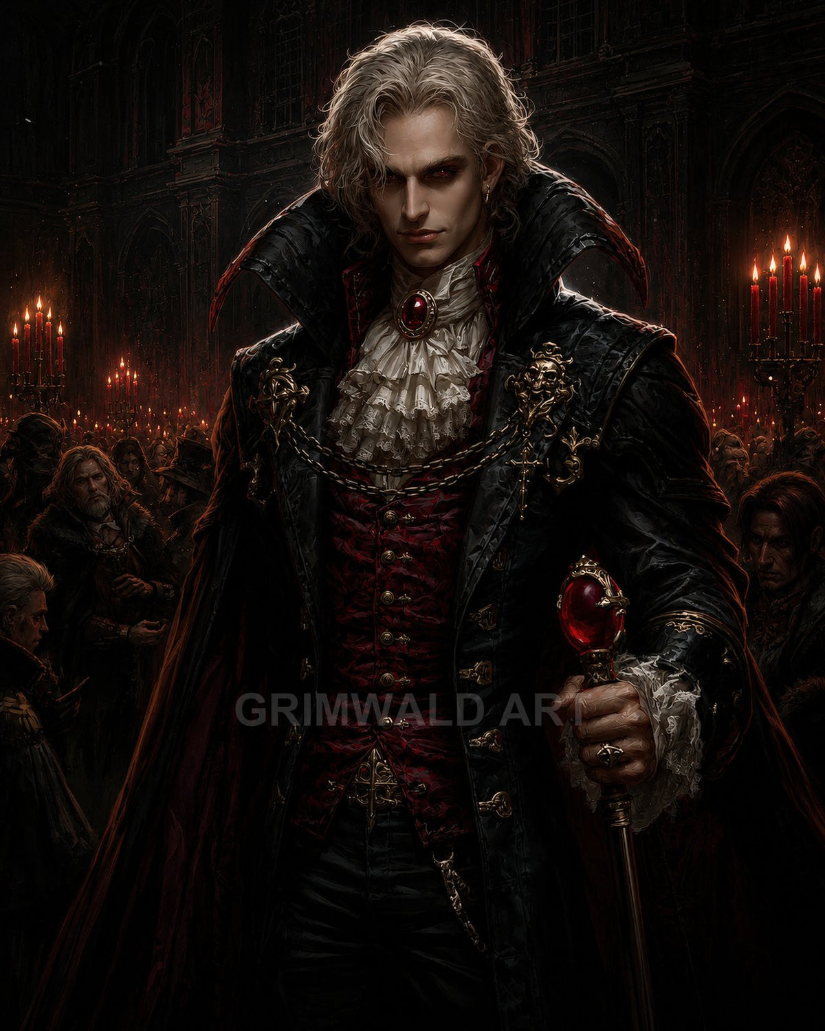 Pale male vampire aristocrat in baroque attire holds a jewelled cane amid a candlelit gothic hall, red eyes and ornate cloak.