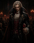GRID THUMBNAIL — Pale male vampire aristocrat in baroque attire holds a jewelled cane amid a candlelit gothic hall, red eyes and ornate cloak.