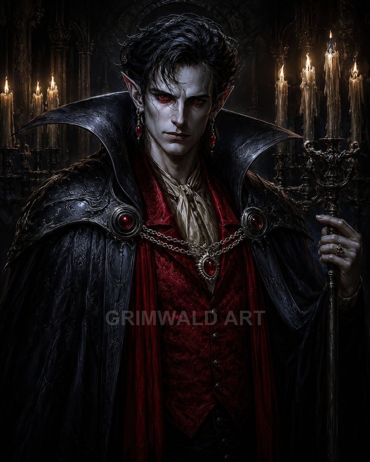 Pale male vampire with red eyes and ornate black cloak holds a scepter before dripping candles in a dark gothic interior.