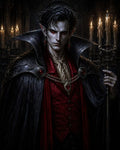 GRID THUMBNAIL — Pale male vampire with red eyes and ornate black cloak holds a scepter before dripping candles in a dark gothic interior.