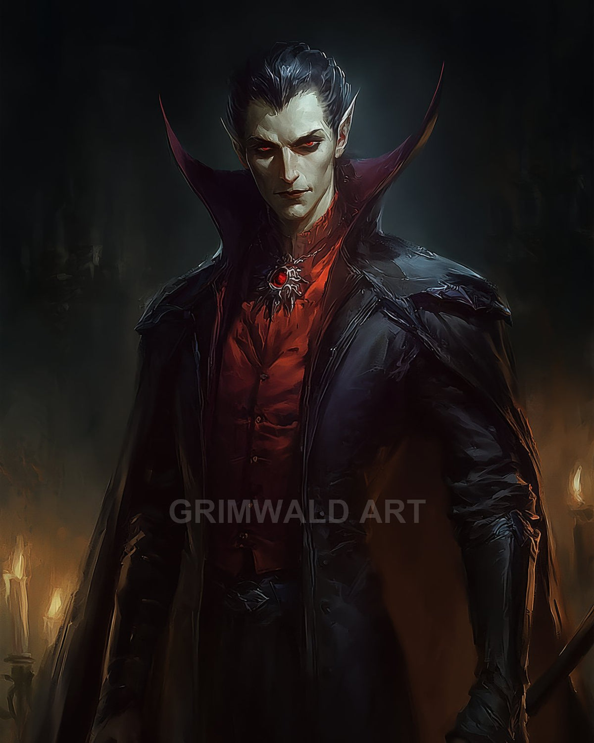 A pale, red-eyed vampire in a high-collared black coat and red waistcoat stands in a candlelit interior, exuding sinister, aristocratic poise.