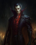 GRID THUMBNAIL — A pale, red-eyed vampire in a high-collared black coat and red waistcoat stands in a candlelit interior, exuding sinister, aristocratic poise.