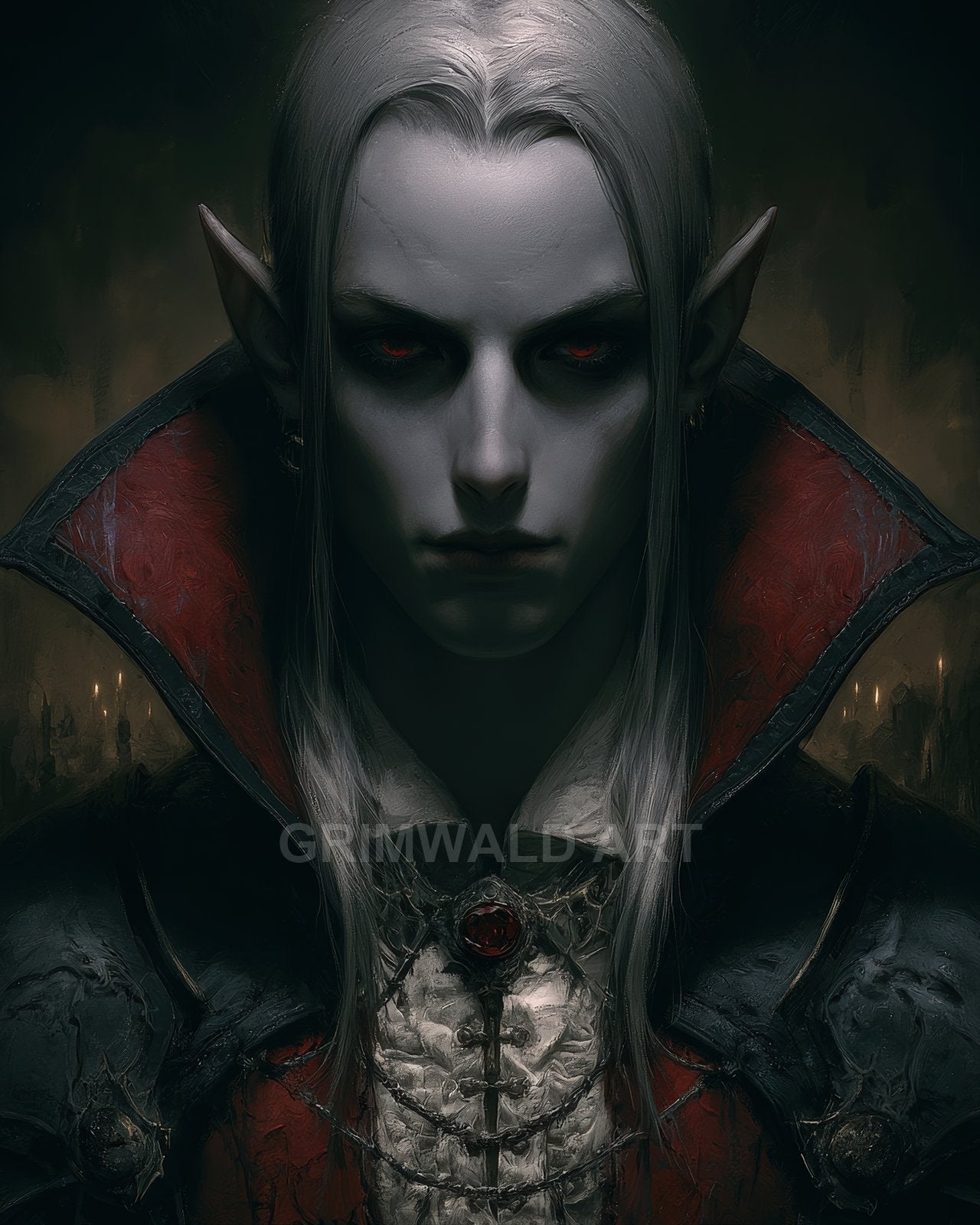 Close-up portrait of a pale, red-eyed vampire with pointed ears and long silver hair, wearing dark armour and a red-collared cloak in candlelit gloom.