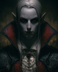 GRID THUMBNAIL — Close-up portrait of a pale, red-eyed vampire with pointed ears and long silver hair, wearing dark armour and a red-collared cloak in candlelit gloom.