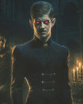 GRID THUMBNAIL — Pale male vampire with glowing red eyes and fangs in an ornate dark coat, standing in a candlelit gothic hall with a shadowy figure behind.