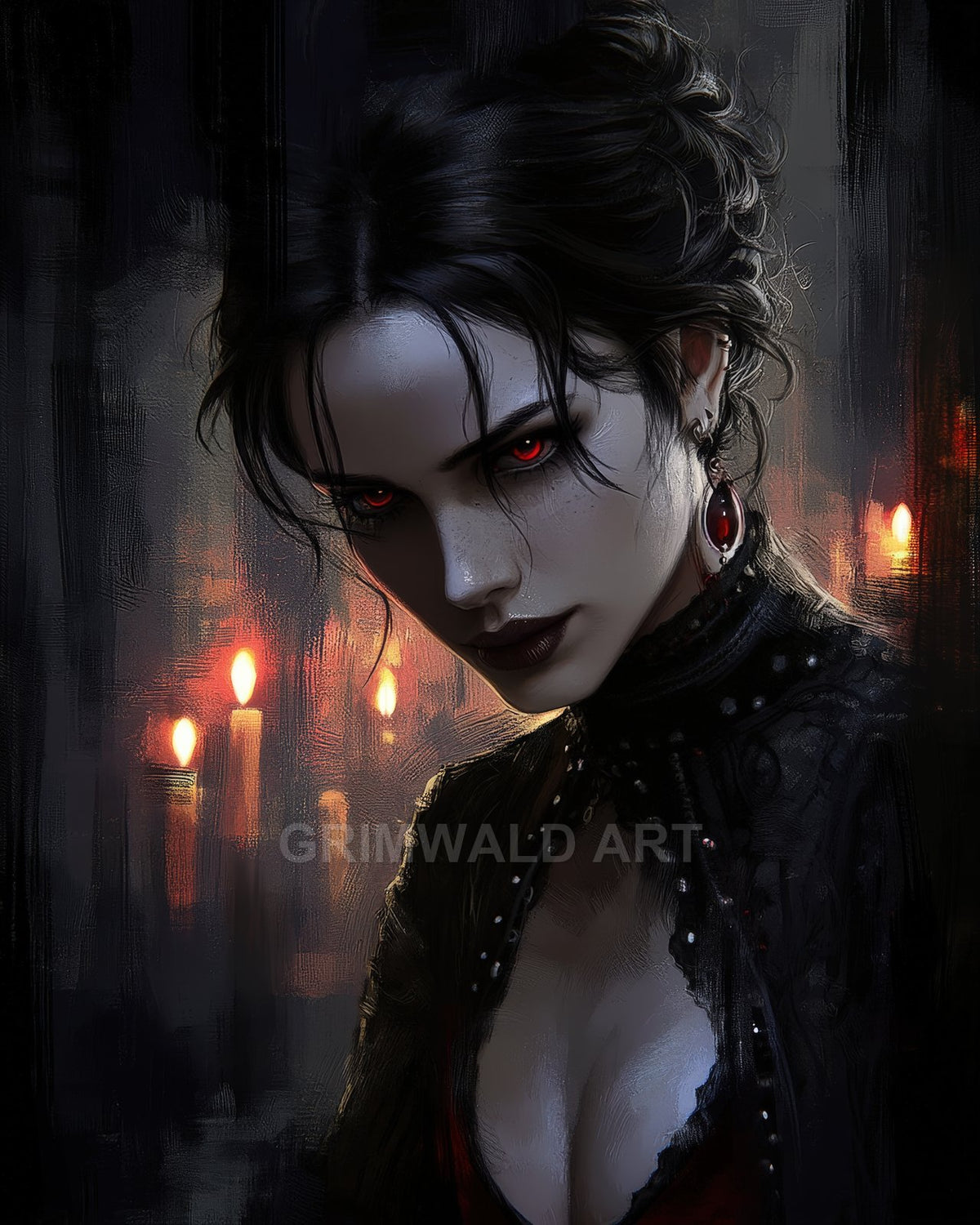 Gothic female vampire with glowing red eyes and dark lace attire gazes intensely, candlelight flickering behind her in a shadowy interior.