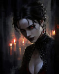 GRID THUMBNAIL — Gothic female vampire with glowing red eyes and dark lace attire gazes intensely, candlelight flickering behind her in a shadowy interior.