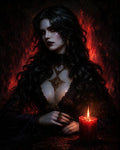 GRID THUMBNAIL — Gothic portrait of a pale, red-eyed vampire woman in black lace before a burning red candle, fiery backdrop illuminating ornate jewellery.