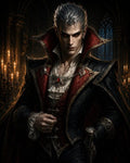 GRID THUMBNAIL — A pale vampire noble with silver hair and crimson eyes in ornate black-and-red attire stands in a candlelit gothic castle hall, exuding cold menace.