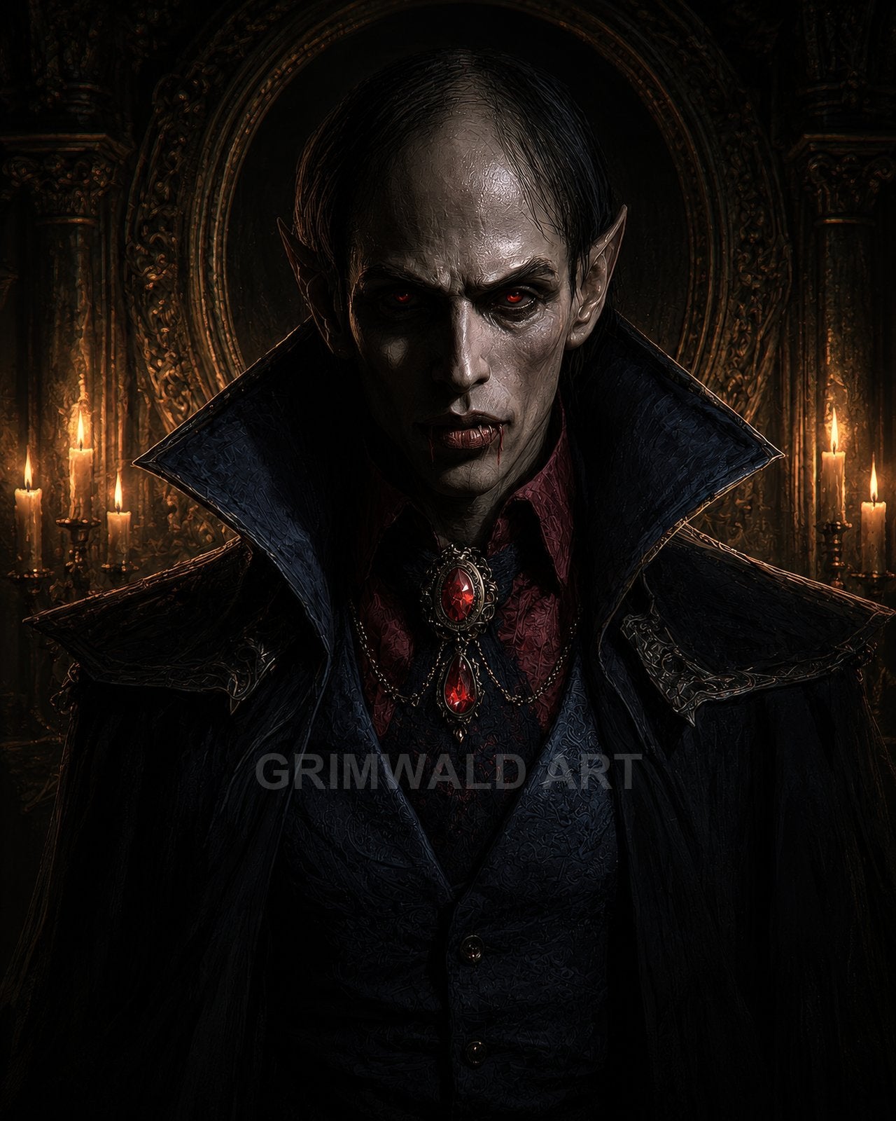 Portrait of a pale vampire noble with glowing red eyes and fangs, wearing a high-collared cloak before candles and a gilded mirror.
