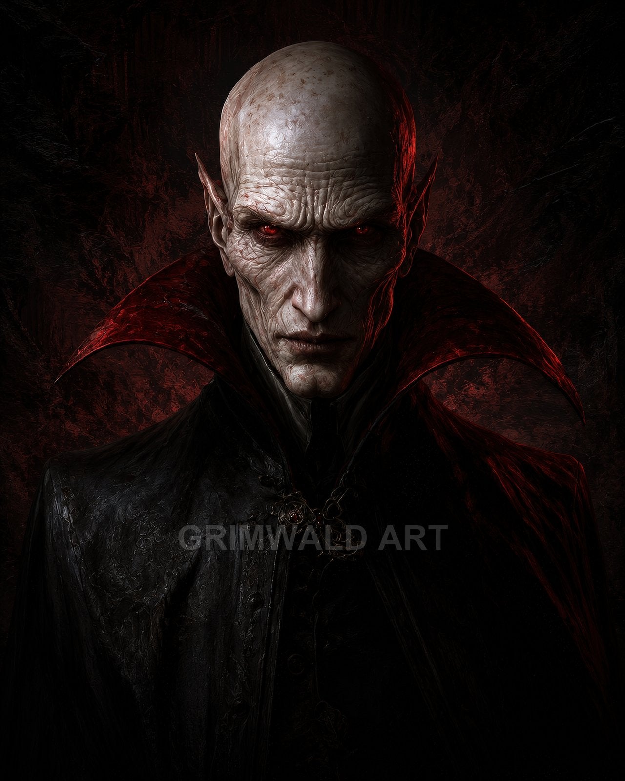 Portrait of a bald, pale vampire with red glowing eyes and a high red-lined collar, in dark gothic clothing, against shadowy background.