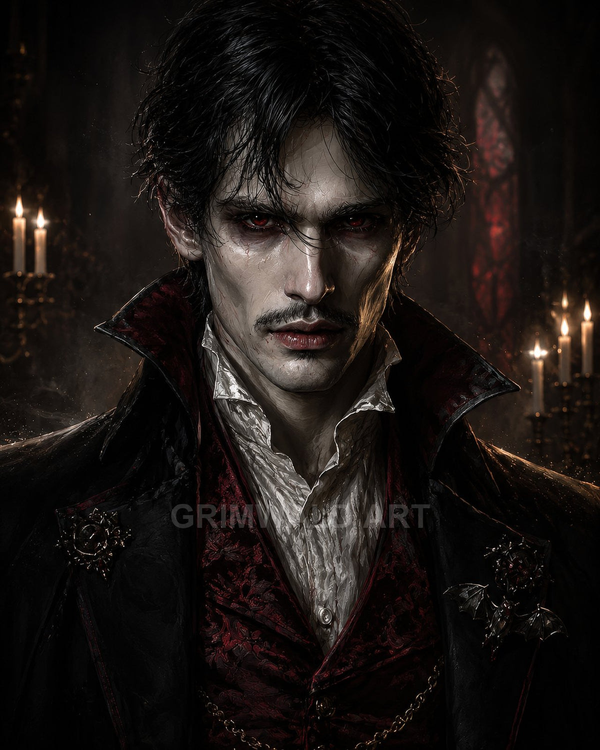 Pale male vampire with red eyes and ornate black and crimson attire, standing indoors by candlelight with gothic windows behind, intense expression.