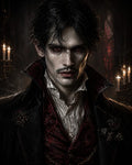 GRID THUMBNAIL — Pale male vampire with red eyes and ornate black and crimson attire, standing indoors by candlelight with gothic windows behind, intense expression.