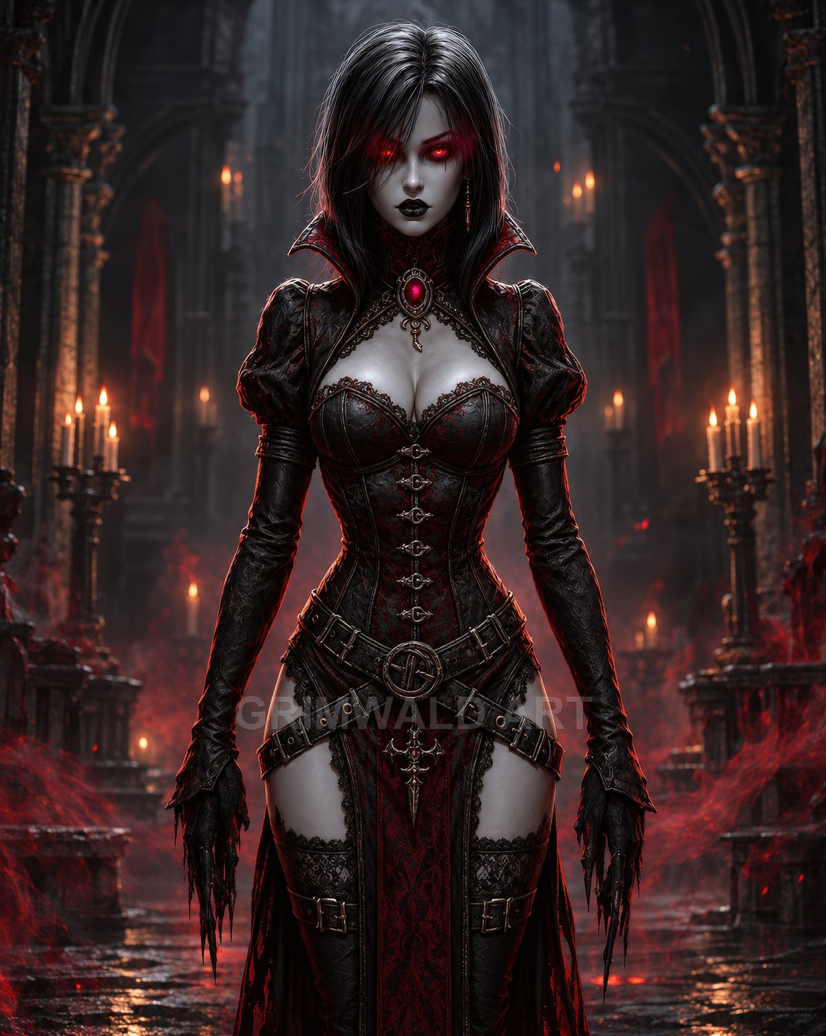 Gothic vampire woman with glowing red eyes and crimson pendant stands in a firelit cathedral, red mist curling around ornate pillars and candles.