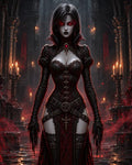 GRID THUMBNAIL — Gothic vampire woman with glowing red eyes and crimson pendant stands in a firelit cathedral, red mist curling around ornate pillars and candles.