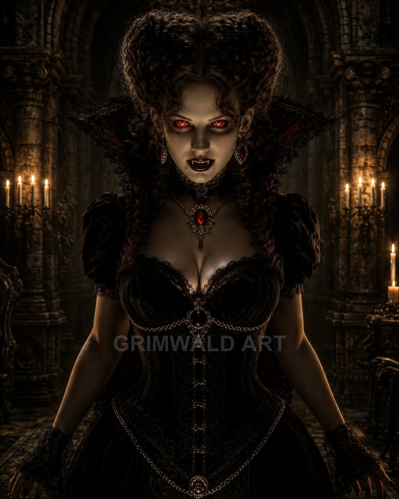 A Gothic vampire woman with glowing red eyes and bared fangs, wearing a black corseted dress and ruby jewellery in a candlelit stone hall.