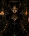 GRID THUMBNAIL — A Gothic vampire woman with glowing red eyes and bared fangs, wearing a black corseted dress and ruby jewellery in a candlelit stone hall.