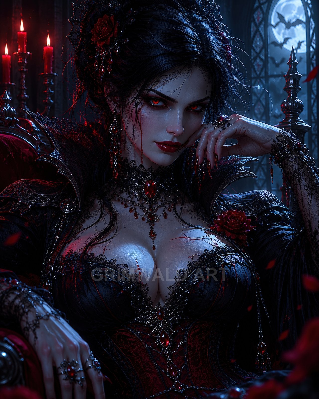 Gothic vampire countess with glowing red eyes and ornate black dress sits in a moonlit castle interior, candles and bats behind.