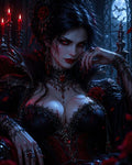GRID THUMBNAIL — Gothic vampire countess with glowing red eyes and ornate black dress sits in a moonlit castle interior, candles and bats behind.