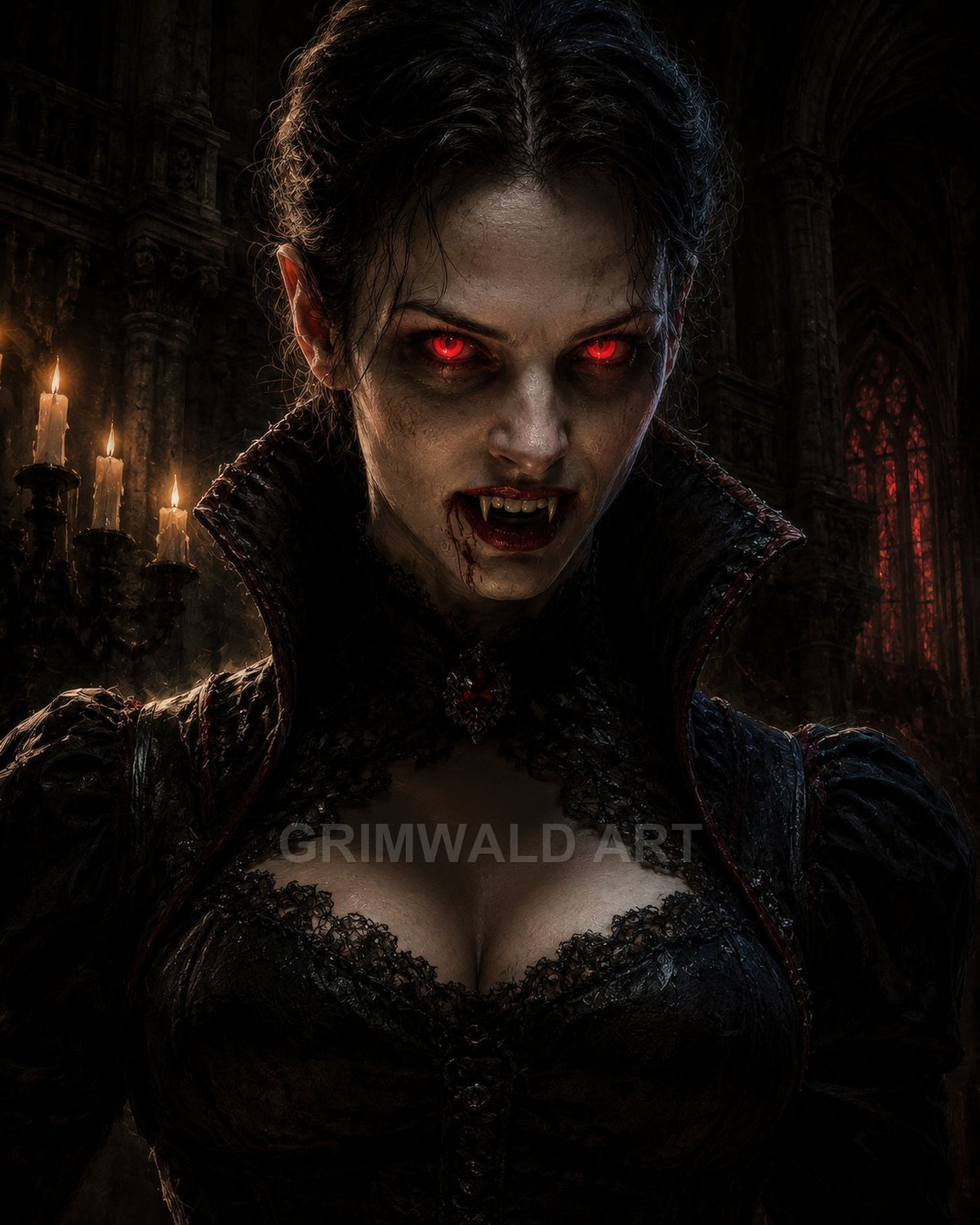 Close-up portrait of a female vampire with glowing red eyes, bloodied fangs and a high-collared black lace gown in a candlelit gothic cathedral.
