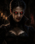 GRID THUMBNAIL — Close-up portrait of a female vampire with glowing red eyes, bloodied fangs and a high-collared black lace gown in a candlelit gothic cathedral.