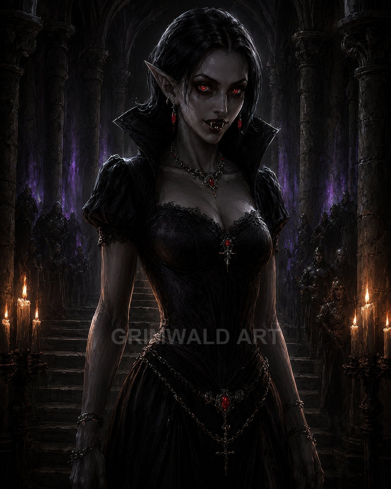 Gothic female vampire with glowing red eyes and fangs stands in a candlelit cathedral, wearing a black gown and crimson jewels, robed figures lurking behind.