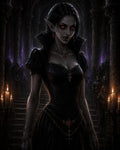 GRID THUMBNAIL — Gothic female vampire with glowing red eyes and fangs stands in a candlelit cathedral, wearing a black gown and crimson jewels, robed figures lurking behind.