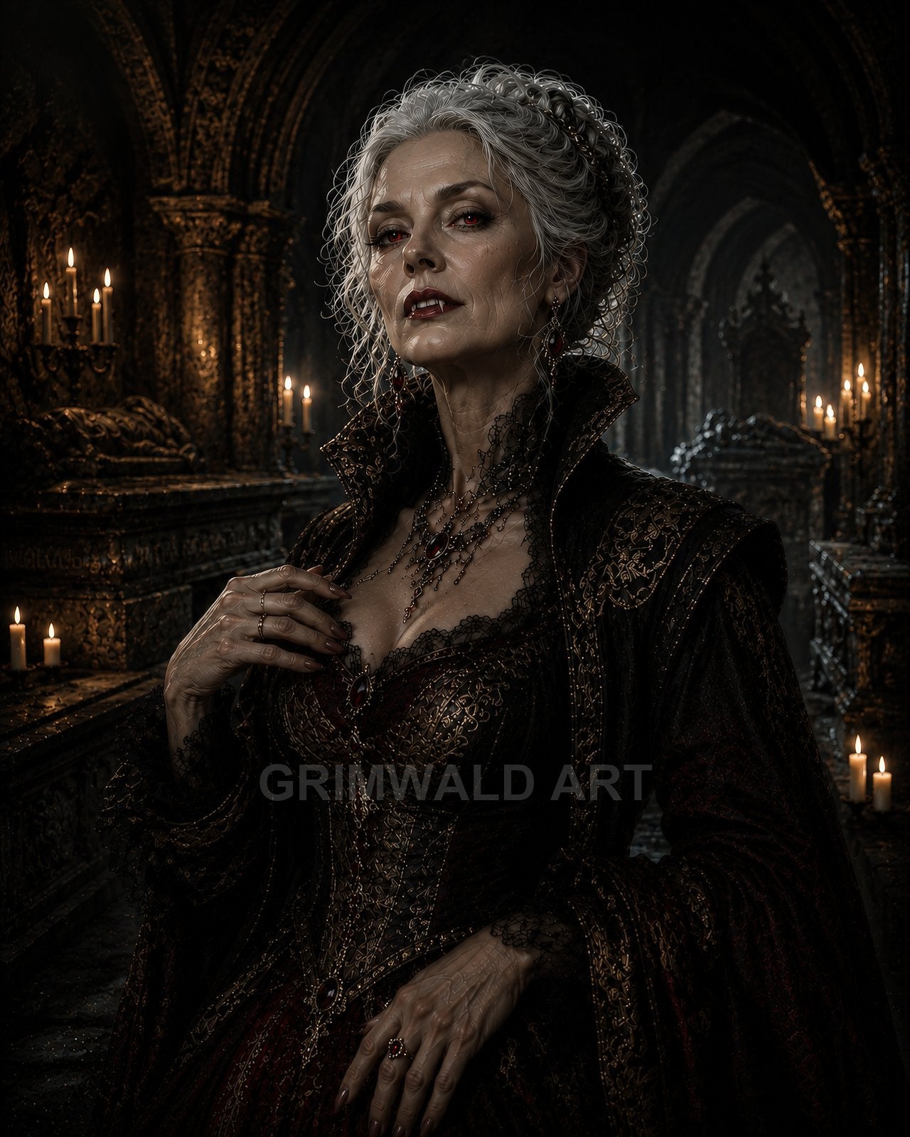 A regal, silver-haired vampire countess stands in a candlelit crypt, wearing ornate gothic attire and ruby jewellery, pale skin and red eyes.