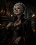 GRID THUMBNAIL — A regal, silver-haired vampire countess stands in a candlelit crypt, wearing ornate gothic attire and ruby jewellery, pale skin and red eyes.