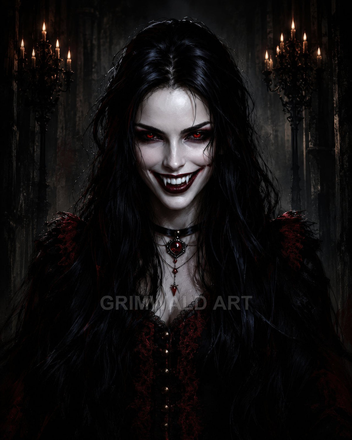Gothic portrait of a female vampire with red eyes and fangs, black hair, ornate red dress, candles glowing in a shadowy cathedral interior.
