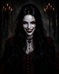 GRID THUMBNAIL — Gothic portrait of a female vampire with red eyes and fangs, black hair, ornate red dress, candles glowing in a shadowy cathedral interior.