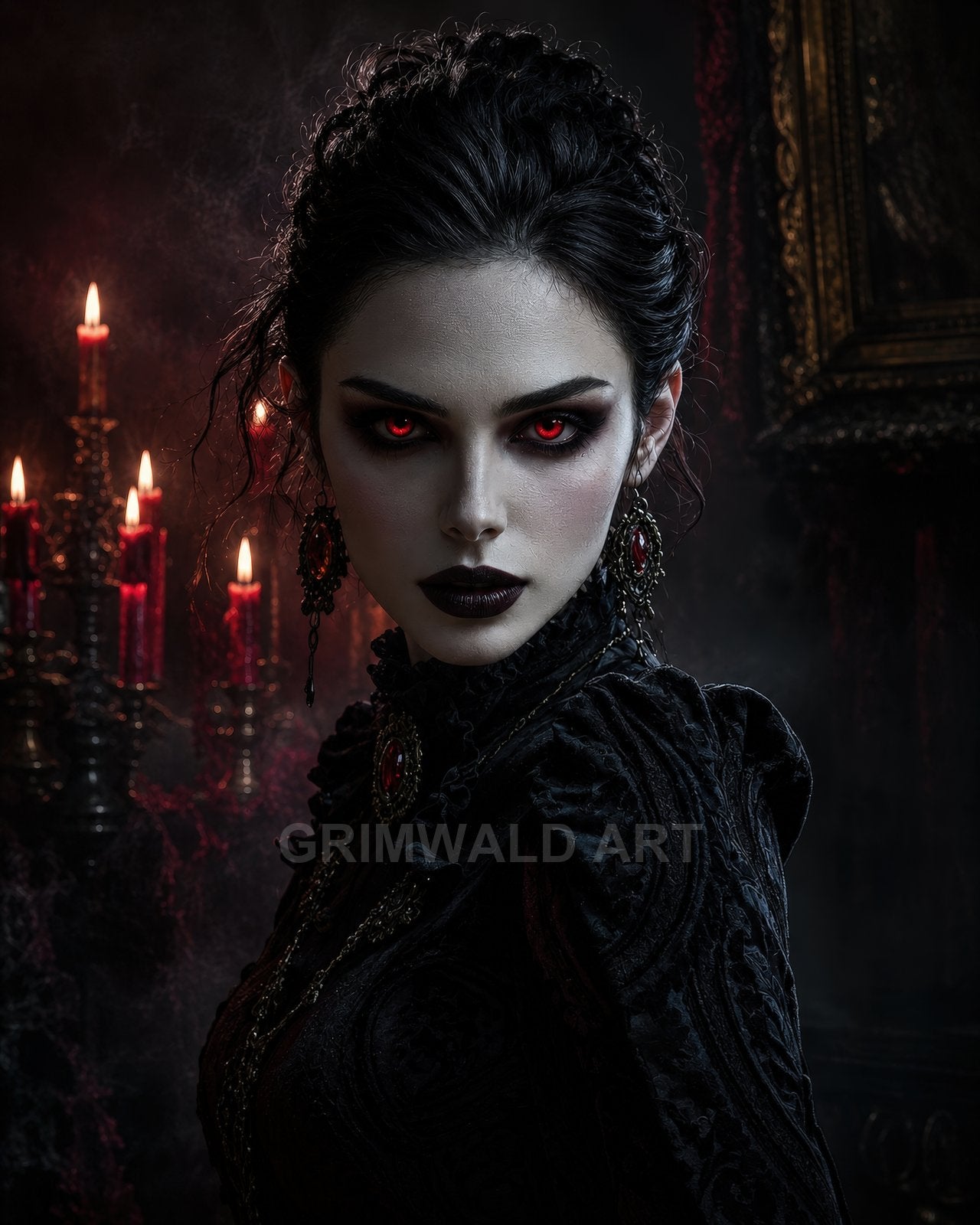 Gothic female vampire with glowing red eyes and black Victorian dress, jewelled earrings, candelabra burning behind her in a shadowy interior.