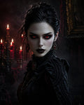 GRID THUMBNAIL — Gothic female vampire with glowing red eyes and black Victorian dress, jewelled earrings, candelabra burning behind her in a shadowy interior.