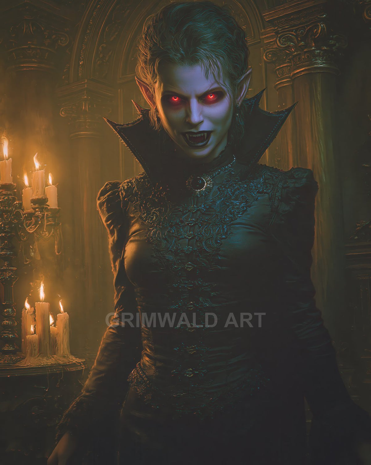 Gothic vampire woman with glowing red eyes and fangs stands in a candlelit ornate hall, wearing dark embroidered dress and high collar.