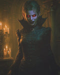 GRID THUMBNAIL — Gothic vampire woman with glowing red eyes and fangs stands in a candlelit ornate hall, wearing dark embroidered dress and high collar.