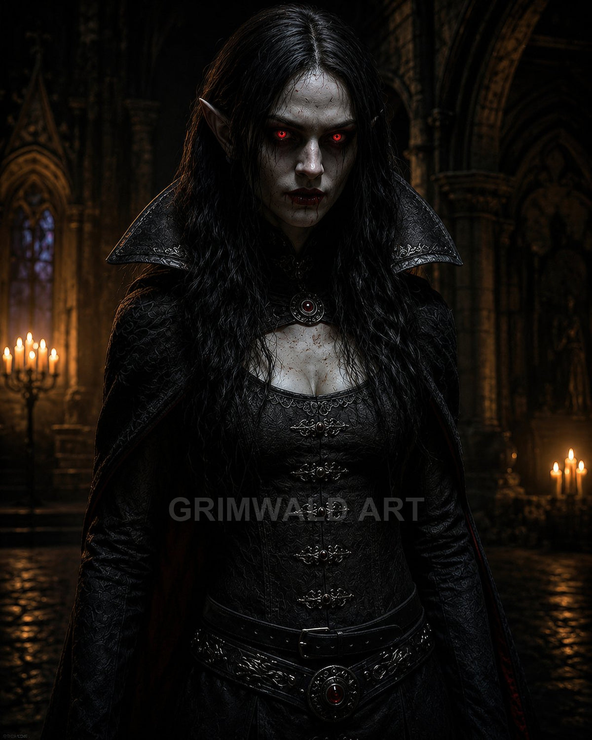 Female vampire with glowing red eyes and pointed ears in a gothic cathedral, wearing black ornate dress and cloak amid candlelit stone arches.