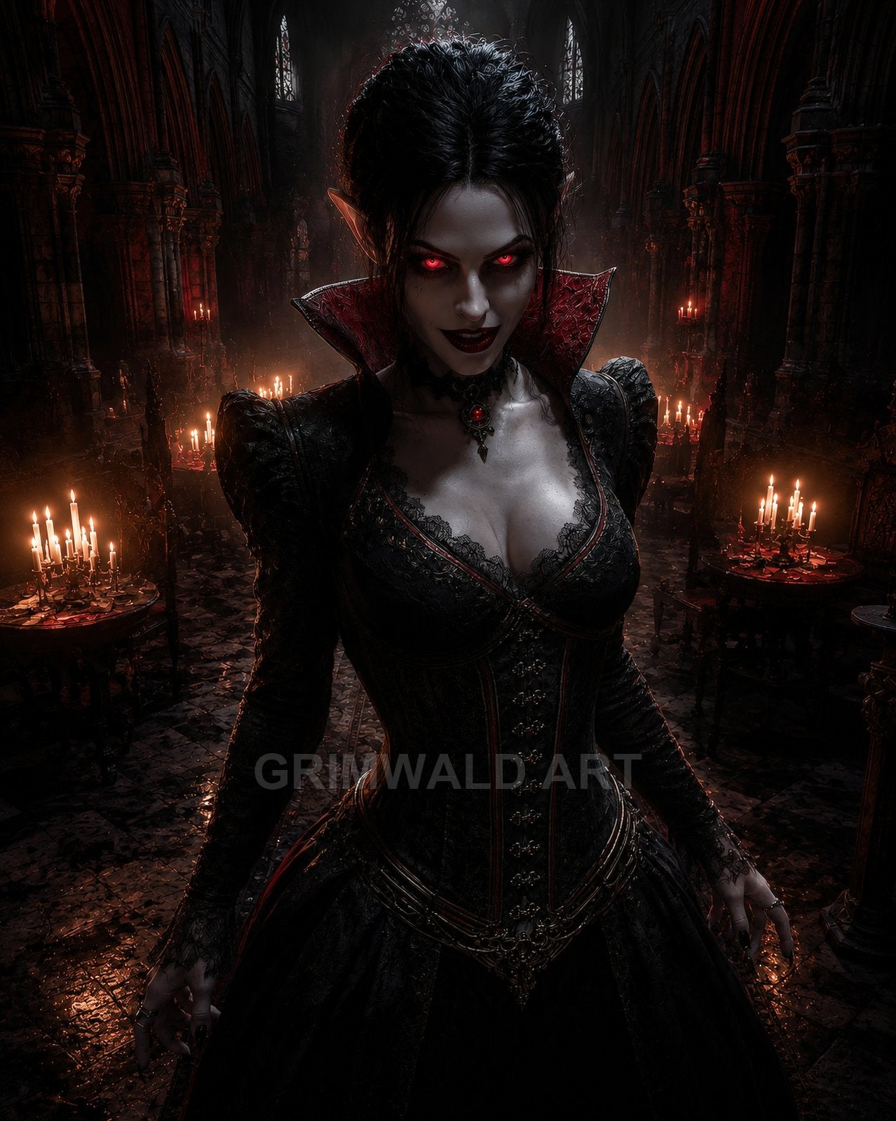 A female vampire with glowing red eyes and fangs stands in a gothic cathedral, wearing ornate black lace dress, surrounded by candlelit altars.