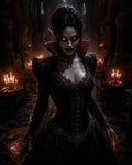 GRID THUMBNAIL — A female vampire with glowing red eyes and fangs stands in a gothic cathedral, wearing ornate black lace dress, surrounded by candlelit altars.