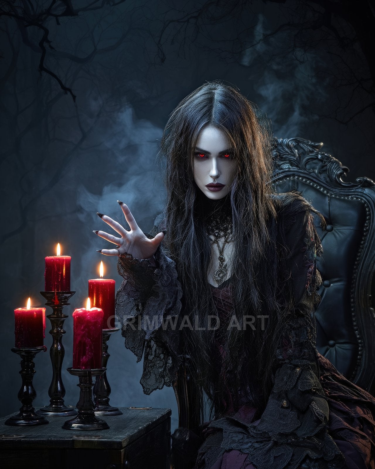 Pale female vampire with glowing red eyes raises a hand in spellcasting beside red candles, seated on an ornate chair amid swirling smoke.