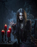 GRID THUMBNAIL — Pale female vampire with glowing red eyes raises a hand in spellcasting beside red candles, seated on an ornate chair amid swirling smoke.