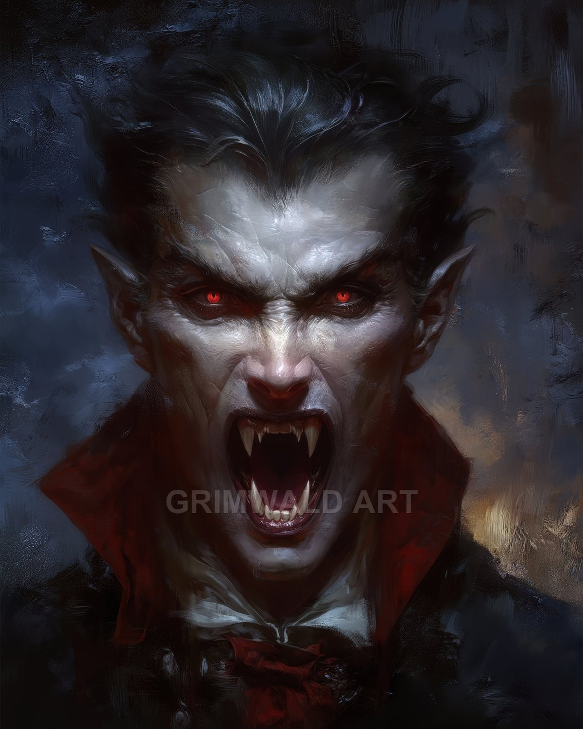 Close-up portrait of a snarling vampire with glowing red eyes and long fangs, high-collared red-and-black cloak, dramatic chiaroscuro lighting against a shadowed backdrop.