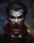 GRID THUMBNAIL — Close-up portrait of a snarling vampire with glowing red eyes and long fangs, high-collared red-and-black cloak, dramatic chiaroscuro lighting against a shadowed backdrop.