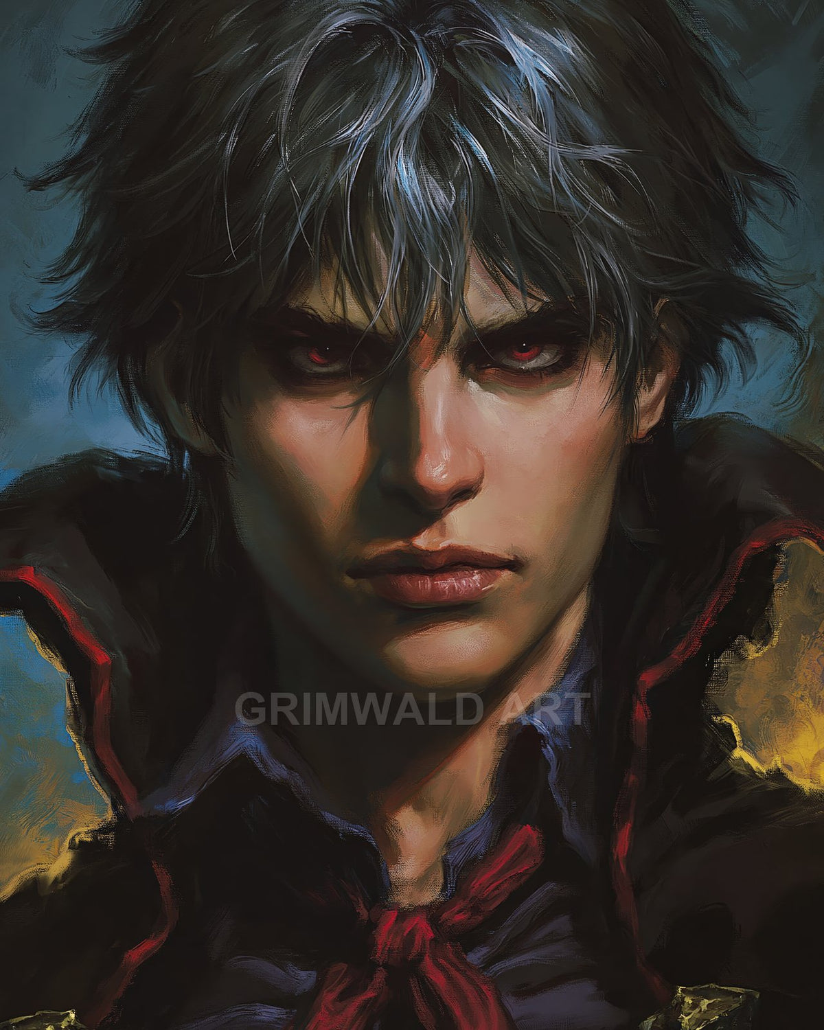 Painterly portrait of a pale, red-eyed male vampire with tousled silver hair, high-collared black cloak with red trim, and a crimson cravat.
