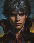 GRID THUMBNAIL — Painterly portrait of a pale, red-eyed male vampire with tousled silver hair, high-collared black cloak with red trim, and a crimson cravat.