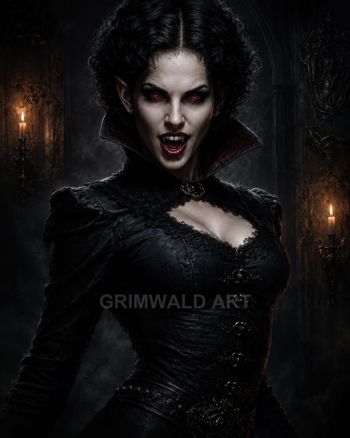 Close-up of a female vampire with red glowing eyes and fangs, wearing a black gothic dress in a candlelit dark castle interior.