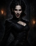 GRID THUMBNAIL — Close-up of a female vampire with red glowing eyes and fangs, wearing a black gothic dress in a candlelit dark castle interior.
